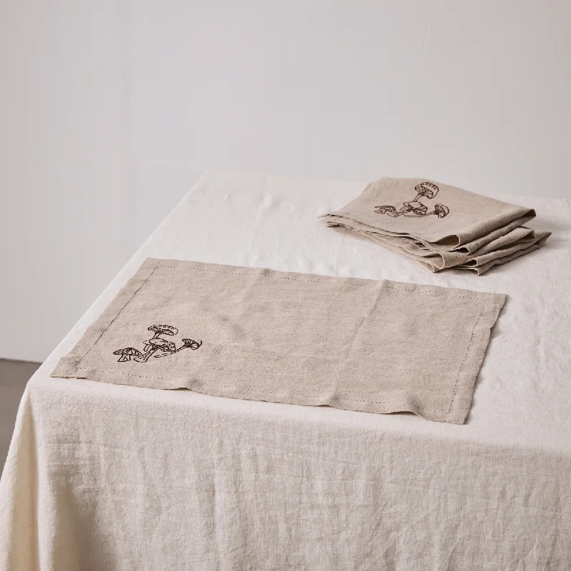 100% Linen Placemat Set with Hem Stitch & Embroidery Detail in Natural