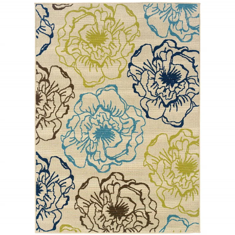 2' X 4' Floral Stain Resistant Area Rug Indoor & Outdoor - Green / Ivory