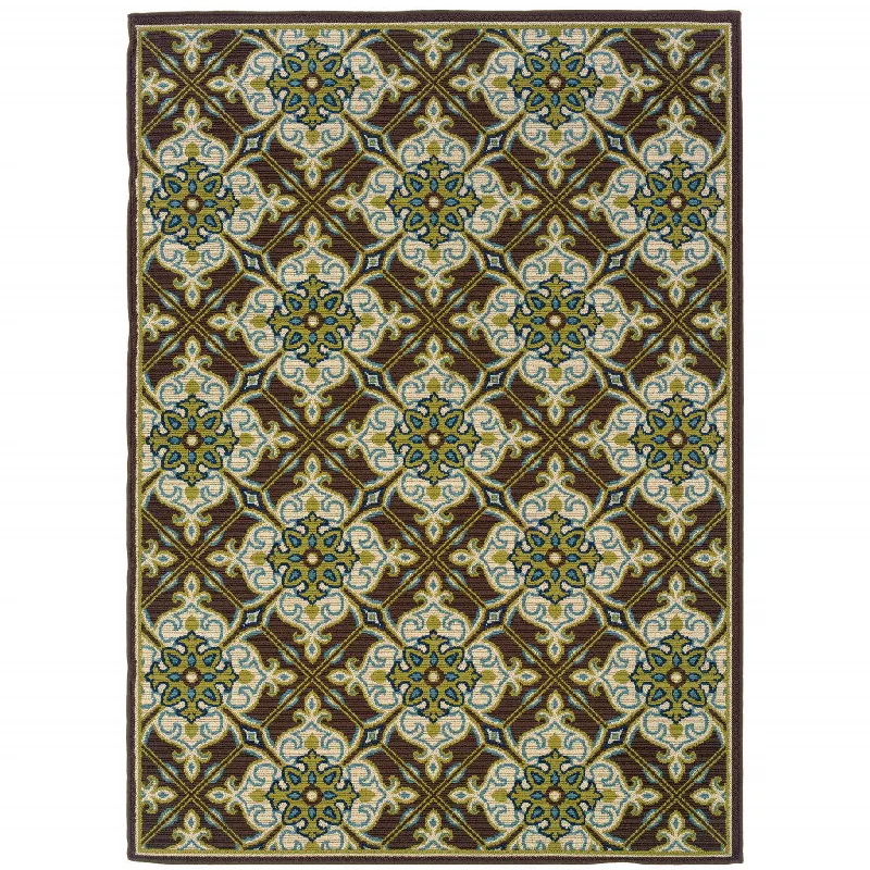 2' X 4' Floral Stain Resistant Area Rug Indoor & Outdoor - Ivory / Brown