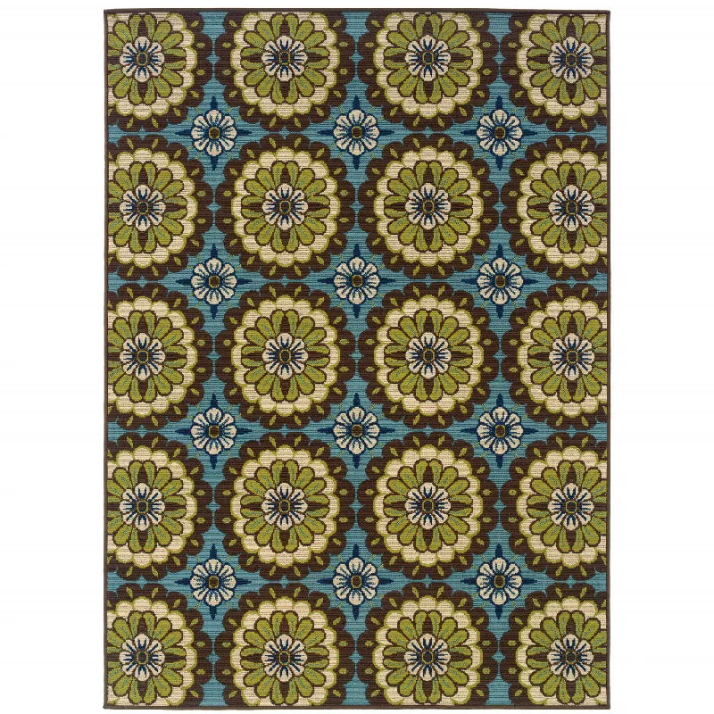 2' X 4' Floral Stain Resistant Indoor & Outdoor Area Rug - Green / Blue