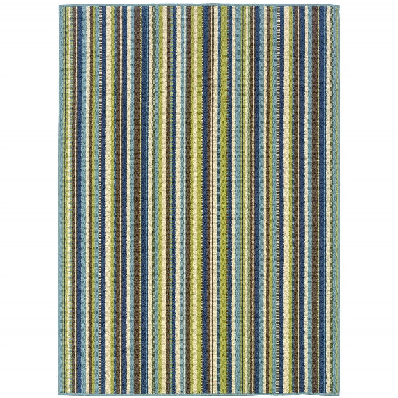 2' X 4' Striped Stain Resistant Outdoor / Indoor Area Rug - Blue / Green