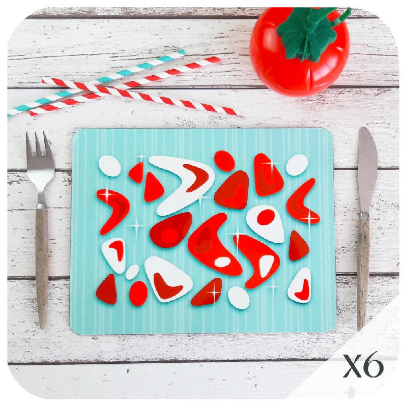 Atomic Boomerang Placemats, Aqua and Red, set of 6