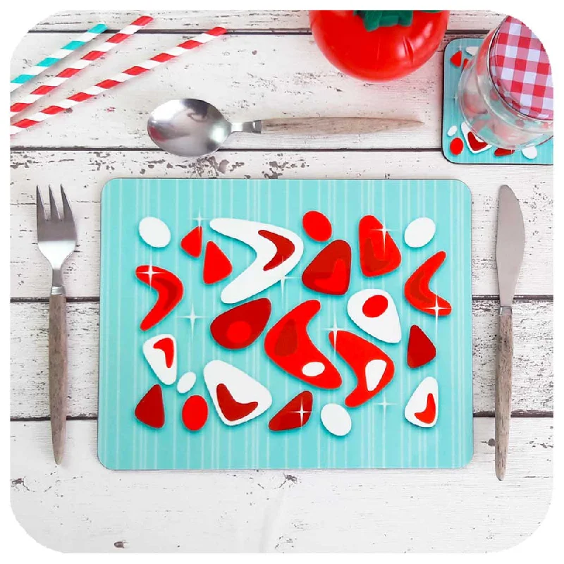 Atomic Boomerang Placemats, Aqua and Red, set of four