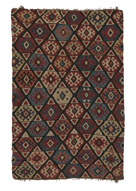 Caucasian Rug Shirvan Handmade Area Vintage Tribal 6'10"x11'0" (7x11) Red Blue Kilim Design #2824