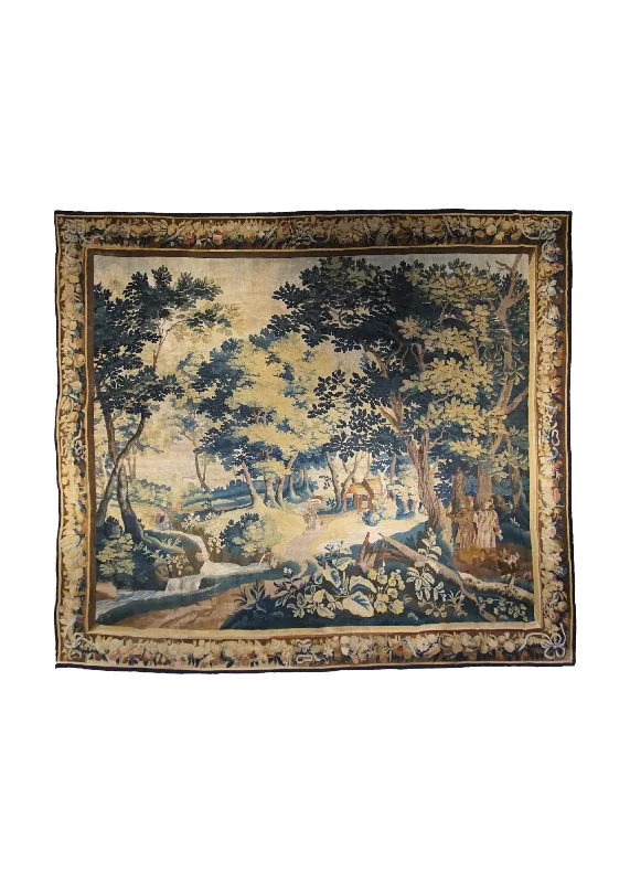 European Rug Handmade Area Traditional Antique 11'3"x12'8" (11x13) Whites/Beige Blue Tapestry Flemish Pictorial Design #A33977