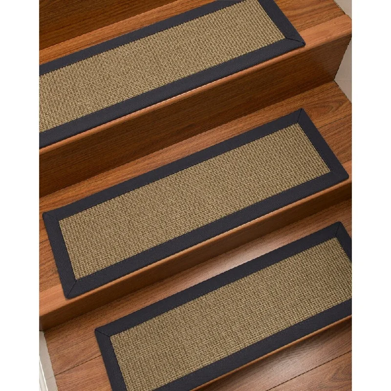 Natural Area Rugs 100% Natural Fiber Dalton, Sisal Grey, Handmade Custom Stair Treads Carpet Set Of 8 Midnight Blue Border