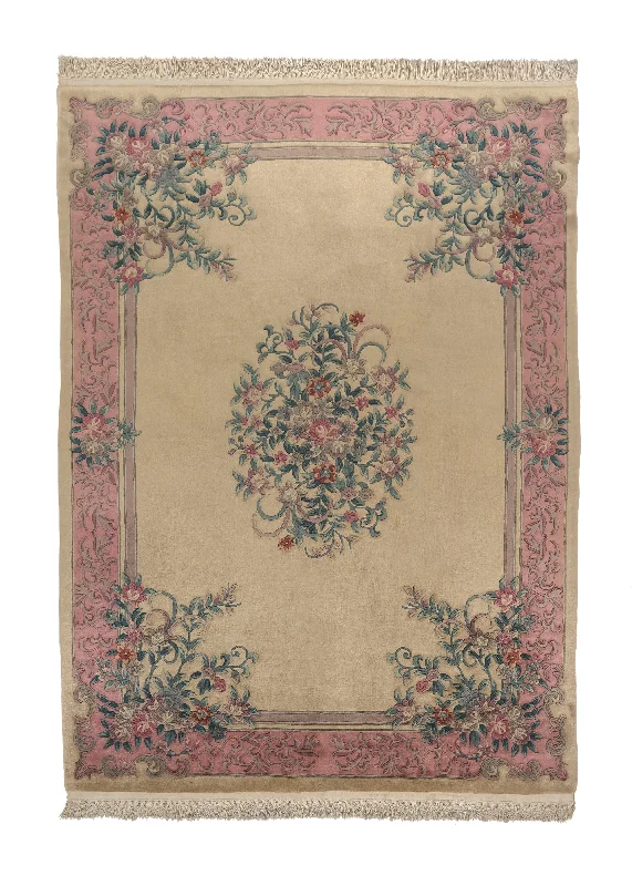 Oriental Rug Chinese Handmade Area Traditional 8'8"x11'11" (9x12) Whites/Beige Pink Carved Open Field Floral Design #21500