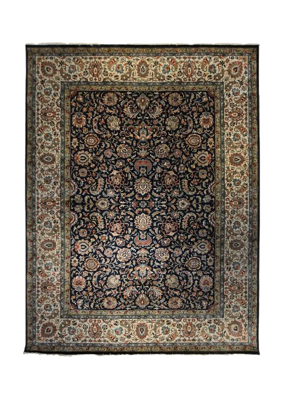 Oriental Rug Indian Handmade Area Traditional 9'1"x12'3" (9x12) Black Whites/Beige Floral Design #A34052