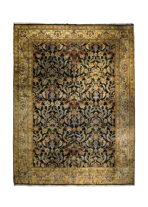 Oriental Rug Indian Handmade Area Traditional 9'0"x11'9" (9x12) Black Yellow/Gold Tea Washed Floral Design #A34002