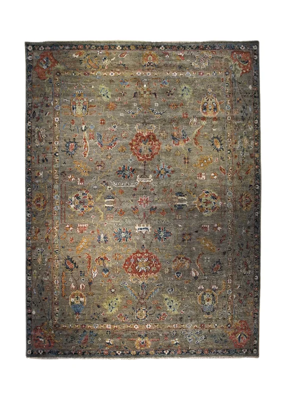 Oriental Rug Indian Handmade Area Transitional 10'0"x14'0" (10x14) Gray Red Floral Design #A34036