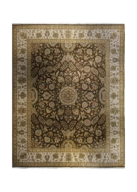 Oriental Rug Indian Handmade Area Transitional 12'0"x15'3" (12x15) Brown Yellow/Gold Tea Washed Salzburg Floral Design #A33898