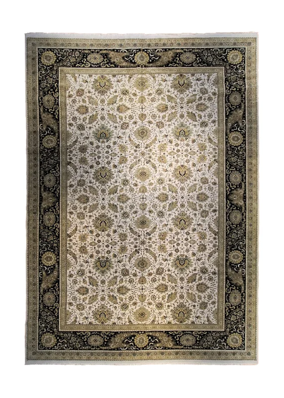 Oriental Rug Indian Handmade Area Transitional 12'0"x17'6" (12x18) Whites/Beige Black Green Tea Washed Floral Design #A33897