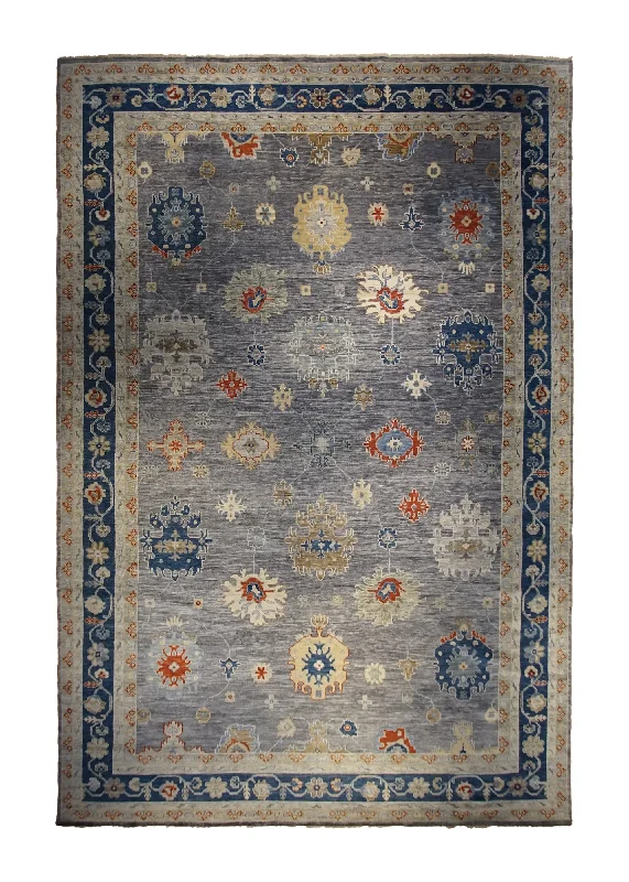 Oriental Rug Indian Handmade Area Transitional 11'11"x18'9" (12x19) Gray Blue Floral Oushak Design #A33994