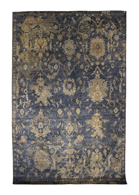 Oriental Rug Indian Handmade Area Transitional 6'0"x8'10" (6x9) Blue Gray Yellow/Gold Floral Oushak Design #A34038