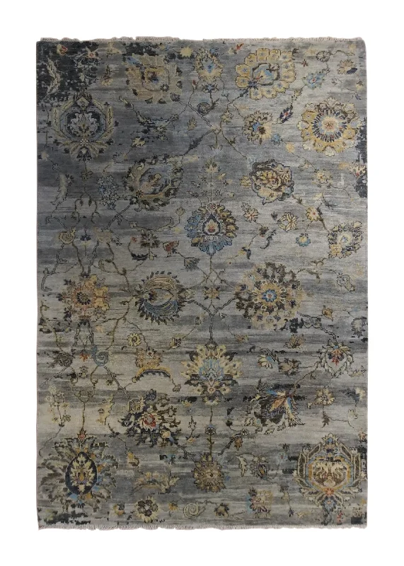 Oriental Rug Indian Handmade Area Transitional 5'11"x8'8" (6x9) Gray Yellow/Gold Floral Oushak Design #A34069