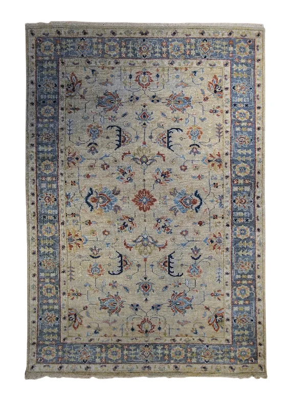 Oriental Rug Indian Handmade Area Transitional 5'11"x8'11" (6x9) Yellow/Gold Blue Floral Oushak Design #A34037