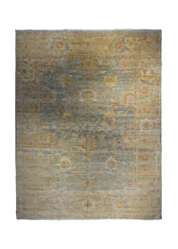 Oriental Rug Indian Handmade Area Transitional 8'11"x11'11" (9x12) Blue Yellow/Gold Oushak Floral Design #A34006