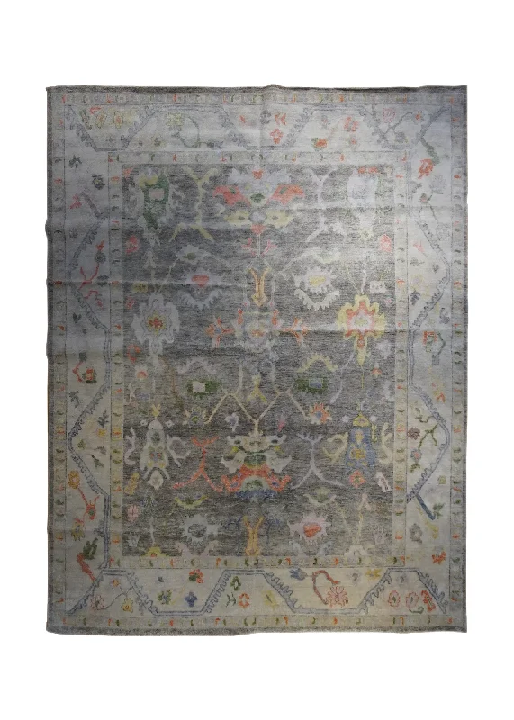 Oriental Rug Indian Handmade Area Transitional 9'0"x12'0" (9x12) Gray Whites/Beige Floral Oushak Design #A34046