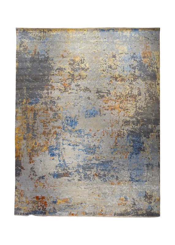 Oriental Rug Indian Handmade Area Modern 12'0"x15'0" (12x15) Gray Blue Yellow/Gold Abstract Splatter Design #A33962