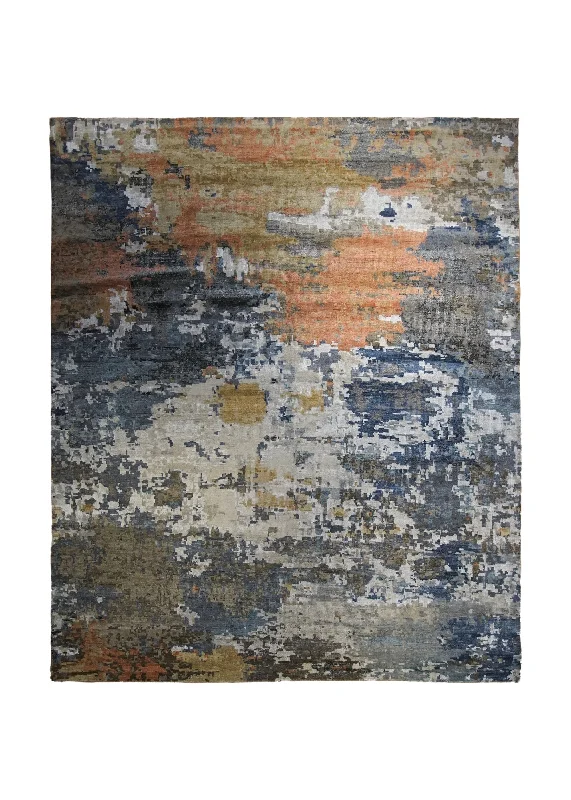 Oriental Rug Indian Handmade Area Modern 8'1"x9'10" (8x10) Blue Multi-color Gray Splatter Abstract Design #A33859