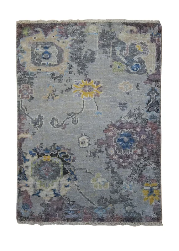 Oriental Rug Indian Handmade Area Sample Modern Transitional 2'0"x3'0" (2x3) Gray Purple Floral Oushak Design #A34041