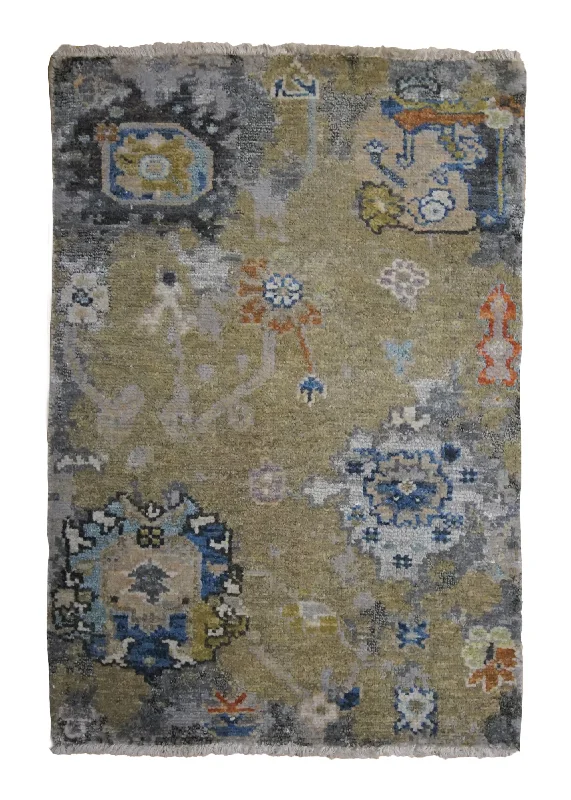 Oriental Rug Indian Handmade Area Transitional 2'0"x3'0" (2x3) Yellow/Gold Gray Abstract Oushak Design #A33903