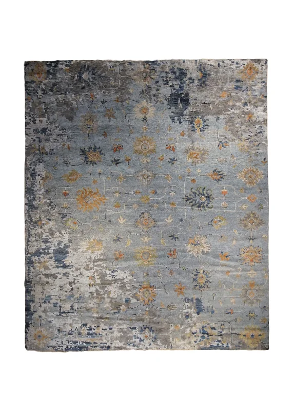 Oriental Rug Indian Handmade Area Transitional 8'3"x9'10" (8x10) Blue Yellow/Gold Gray Geometric Oushak Design #A33964