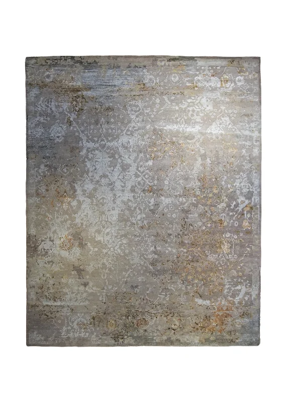 Oriental Rug Indian Handmade Area Transitional Modern 8'0"x9'10" (8x10) Gray Whites/Beige Yellow/Gold Floral Erased Abstract Design #A33870