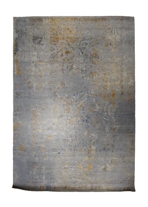 Oriental Rug Indian Handmade Area Modern 9'10"x14'2" (10x14) Gray Yellow/Gold Erased Abstract Design #A33991