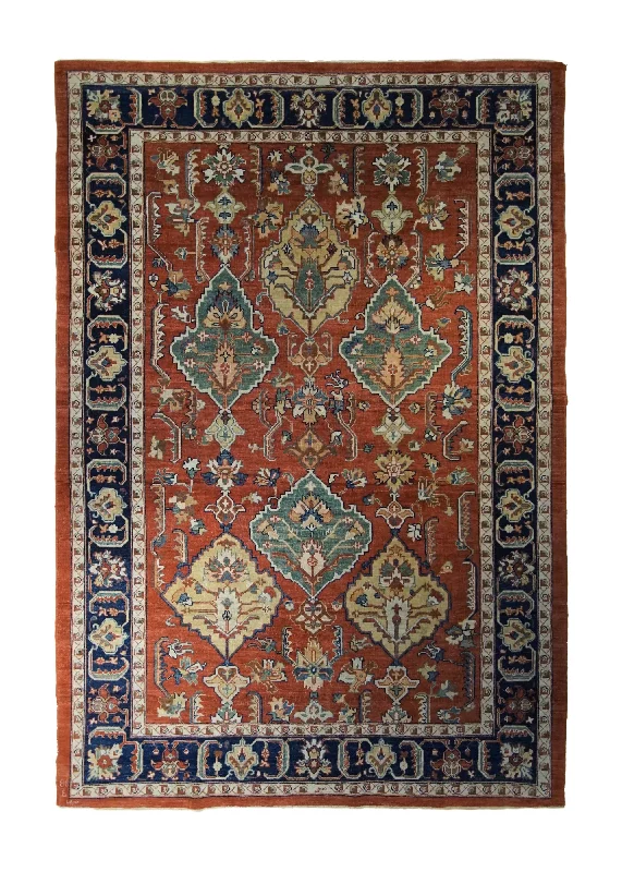 Oriental Rug Pakistani Handmade Area Transitional 6'8"x8'11" (7x9) Red Blue Antique Washed Oushak Geometric Design #A33892