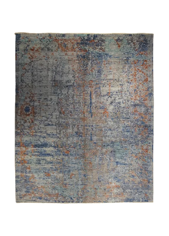 Oriental Rug Pakistani Handmade Area Transitional 8'3"x10'1" (8x10) Gray Blue Orange Faryab Erased Abstract Design #A34030