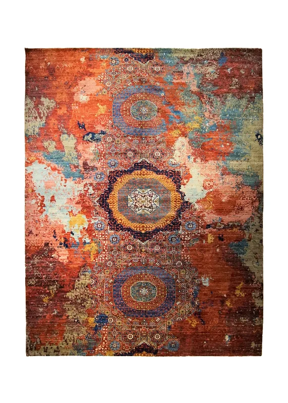 Oriental Rug Pakistani Handmade Area Transitional 8'11"x11'11" (9x12) Red Blue Mamluk Erased Abstract Design #A33895