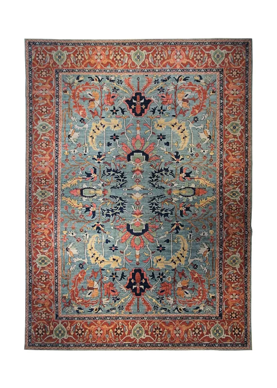 Oriental Rug Pakistani Handmade Area Transitional Tribal 10'0"x14'5" (10x14) Blue Red Serapi Floral Design #A33937