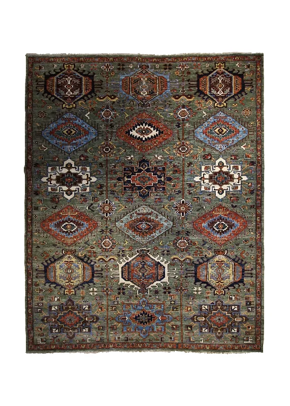 Oriental Rug Pakistani Handmade Area Transitional Tribal 7'11"x9'10" (8x10) Green Ariana Geometric Kazak Design #A34116