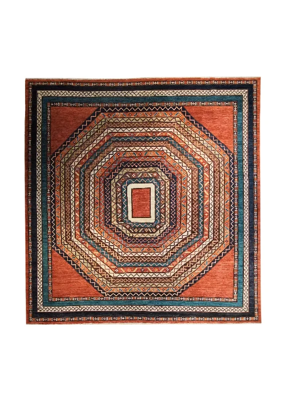 Oriental Rug Pakistani Handmade Square Tribal 7'8"x8'1" (8x8) Red Blue Whites/Beige Geometric Design #A33973