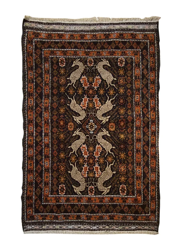 Persian Rug Baloch Handmade Area Tribal 2'11"x4'2" (3x4) Black Brown Geometric Animals Design #A33930