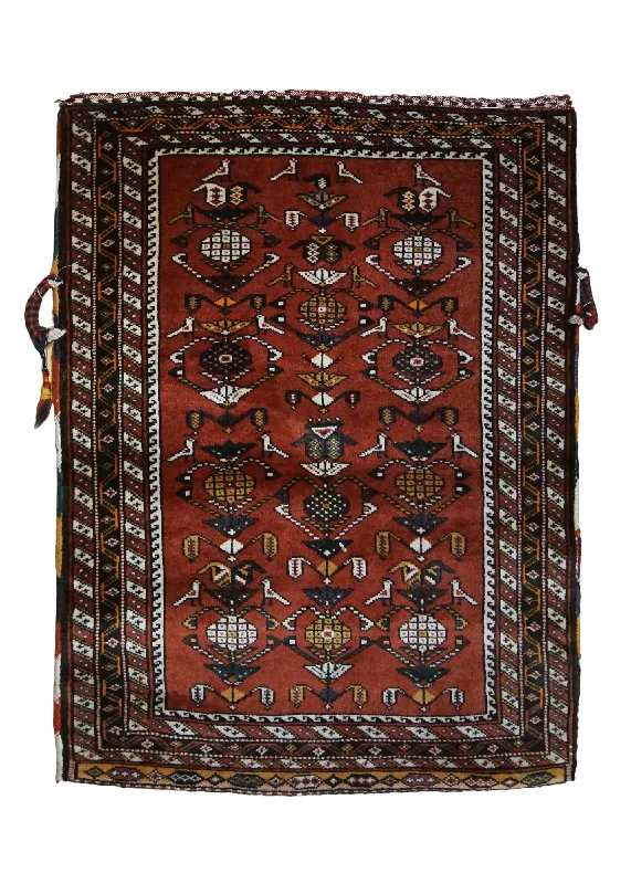 Persian Rug Ghashghaei Handmade Area Tribal 2'10"x3'7" (3x4) Red Saddle Bag Geometric Animals Design #A33920