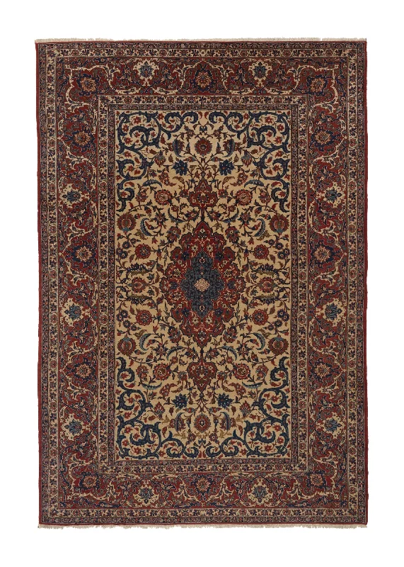 Persian Rug Isfahan Handmade Area Antique Traditional 7'7"x11'0" (8x11) Red Whites/Beige Blue Floral Design #26859