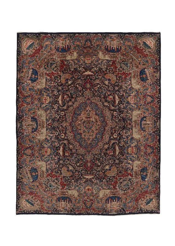 Persian Rug Kashmar Handmade Area Traditional 10'0"x13'0" (10x13) Blue Historical Pictorial Design #33604