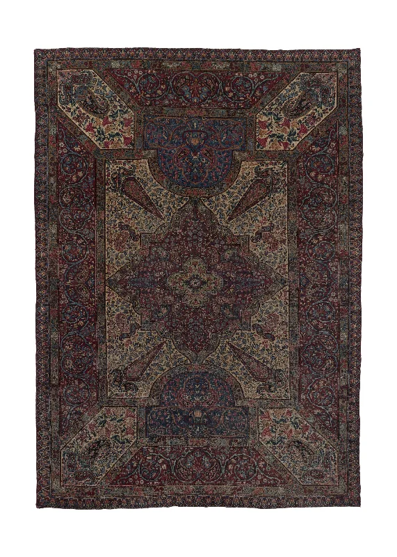 Persian Rug Lavar Kerman Handmade Area Antique Traditional 9'3"x13'1" (9x13) Red Whites/Beige Blue Unusual Paisley/Boteh Floral Design #35977