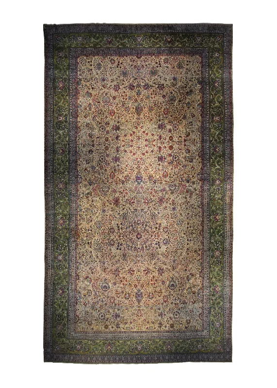 Persian Rug Lavar Kerman Handmade Area Traditional Antique 13'7"x23'4" (14x23) Whites/Beige Green Pink Floral Design #A33907