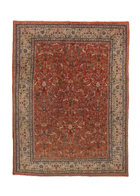 Persian Rug Tabriz Handmade Area Traditional 9'7"x12'10" (10x13) Red Whites/Beige Animals Floral Design #6348