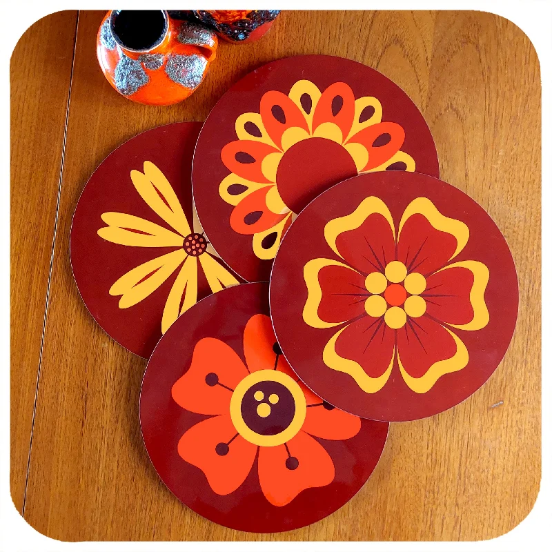 Retro Flowers Placemats in 70s Oranges, set of four