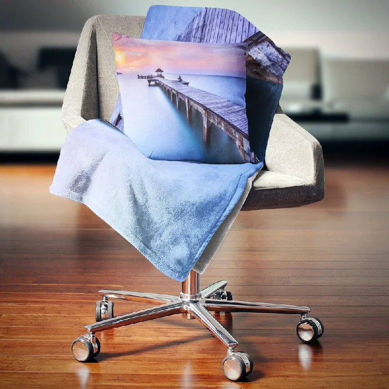 Designart 'Beach with Blue Waters and Wood Bridge' Pier Seascape Throw Blanket